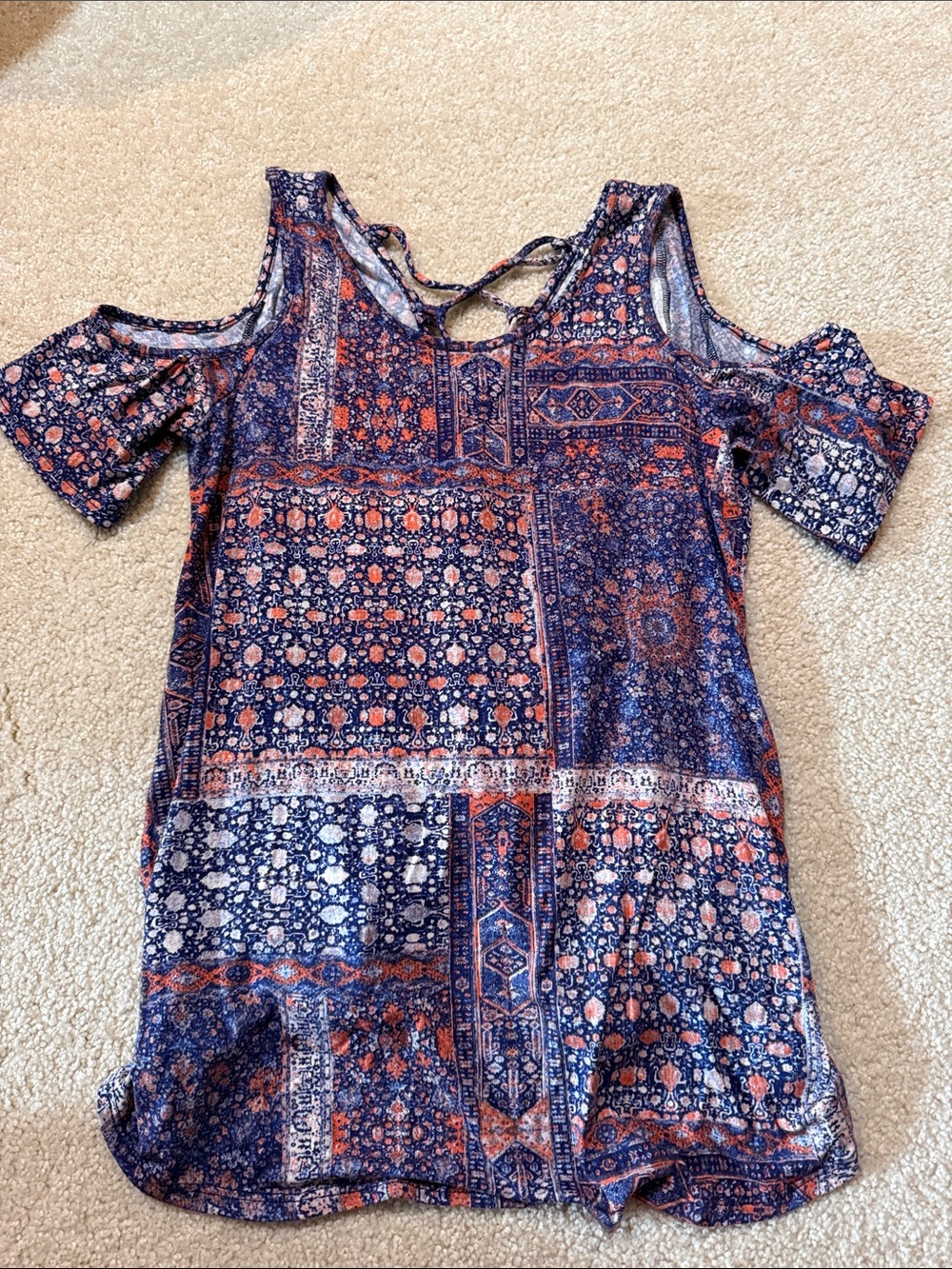 Daytrip Navy and Coral Cold-Shoulder Patterned Short Sleeve Top